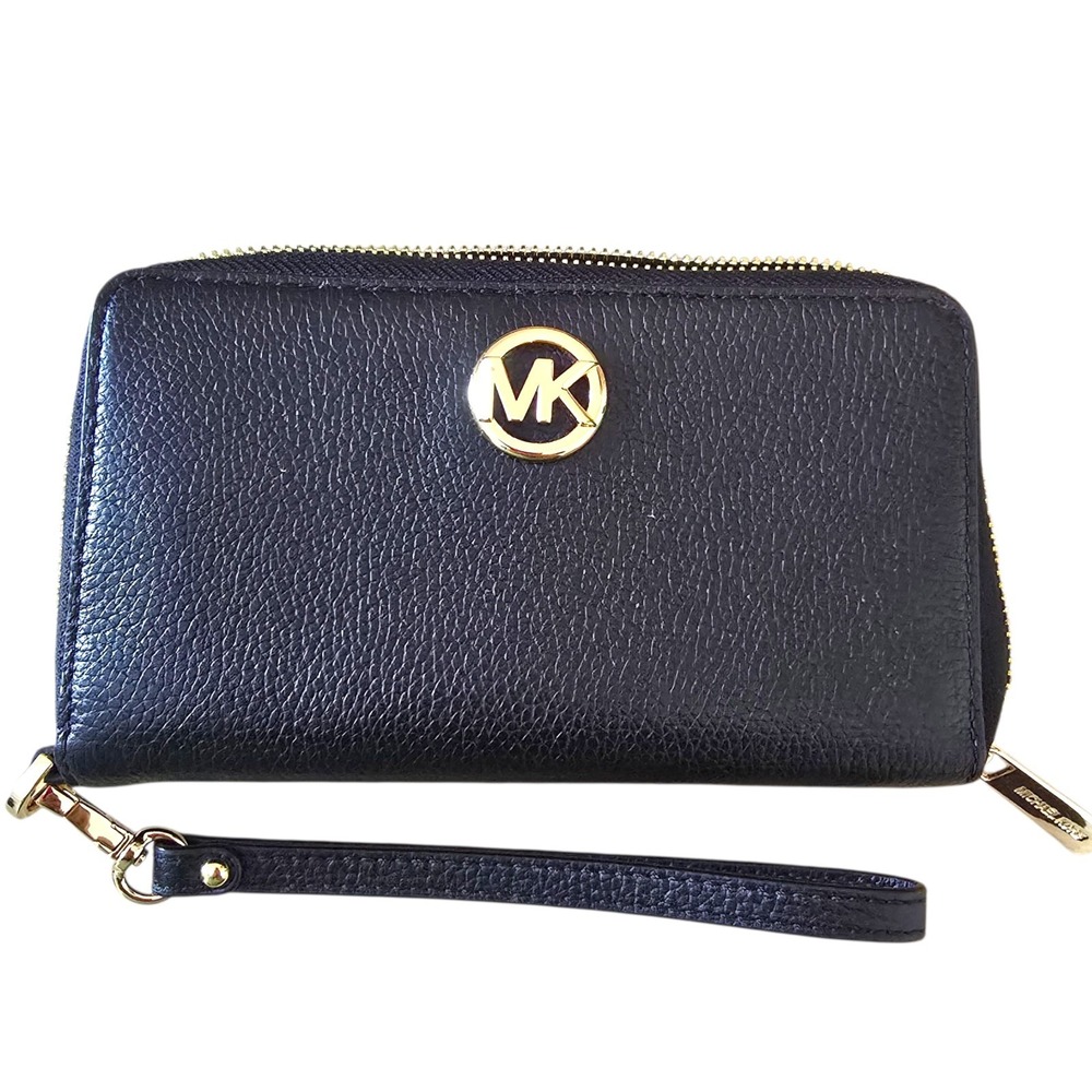 Michael Kors Black Zip Around Wristlet Wallet Gold Hardware